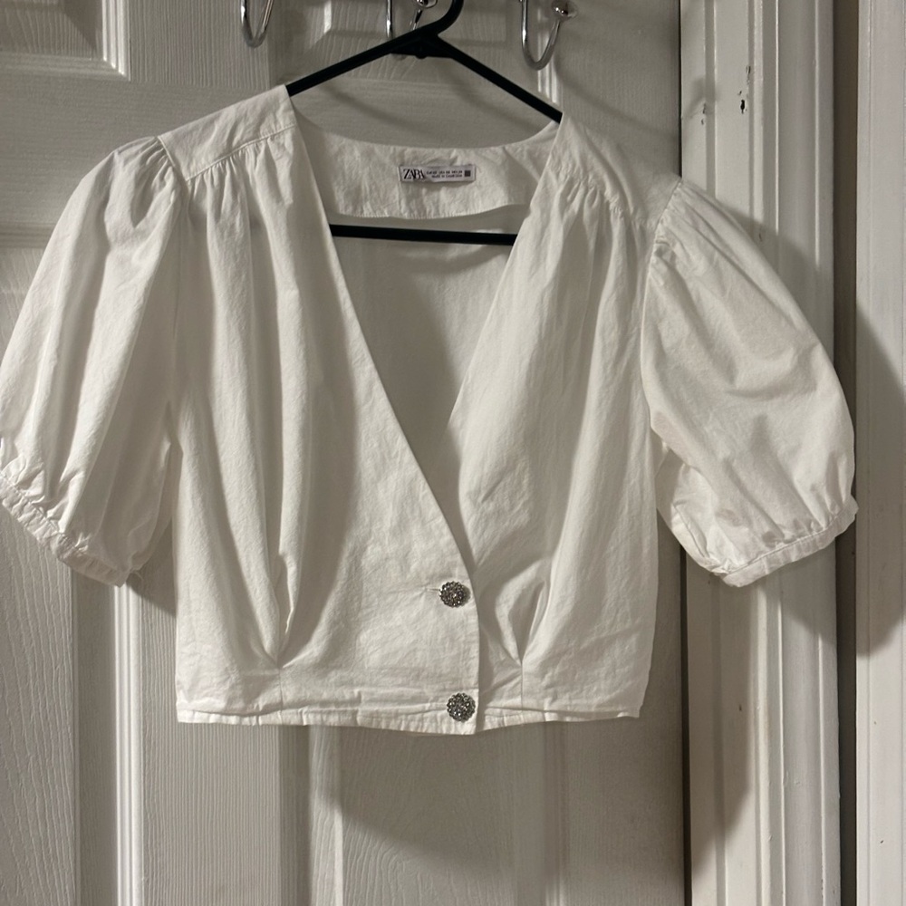 Zara White Puff Sleeve Crop Blouse 💯 Cotton